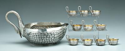 Appraisal: Sterling swan punch bowl ten cups figural swans with looped