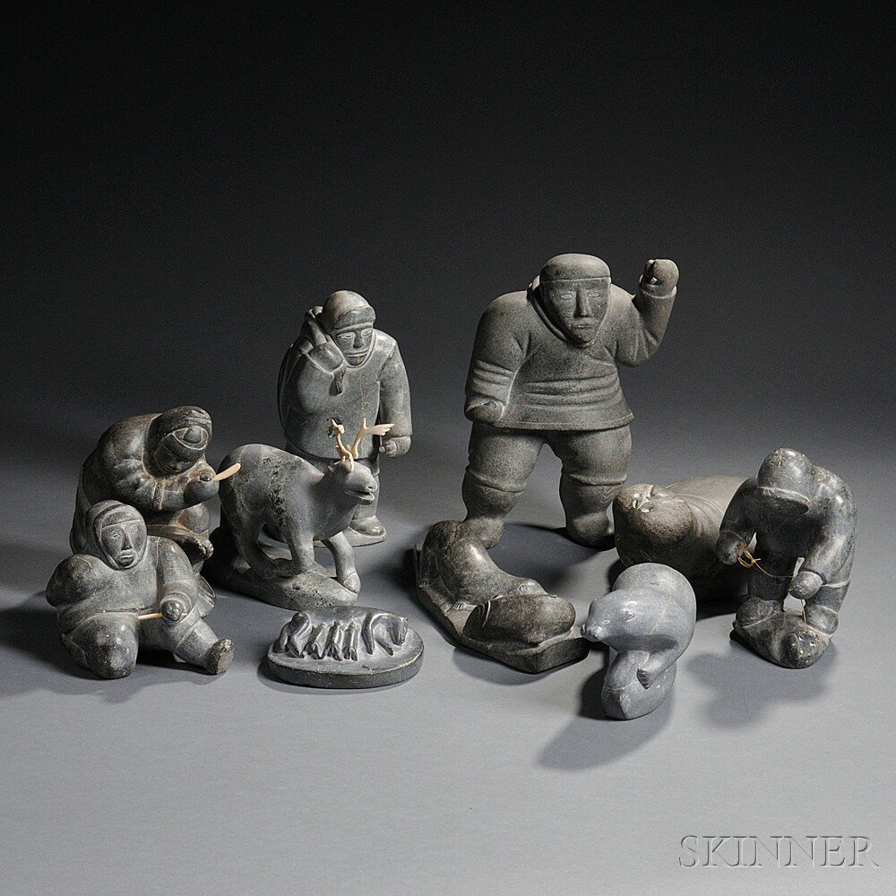 Appraisal: Ten Inuit Carvings Soapstone Including five hunters a walrus a