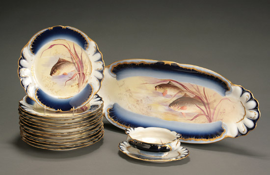 Appraisal: Limoges Polychrome Decorated Fish Service William Gu rin Co Circa