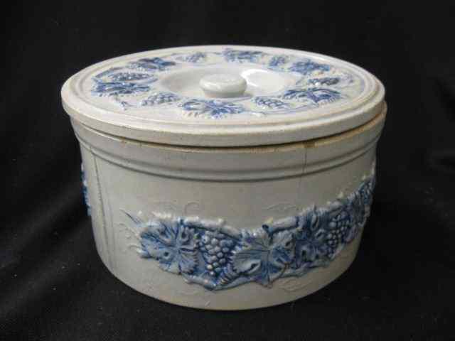 Appraisal: Blue White Stoneware Covered Crock grape vine decor '' diameter