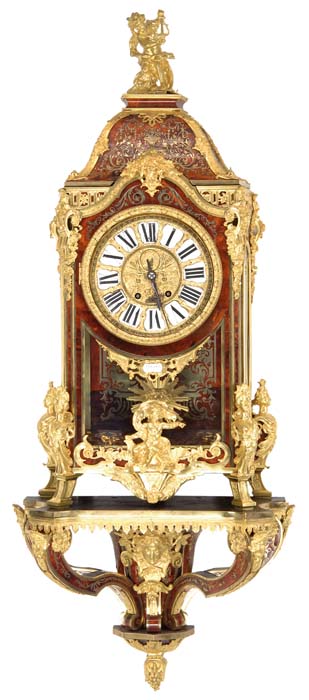 Appraisal: OUTSTANDING BOULLE MARQUETRY ORMOLU MOUNTED SHELF CLOCK WITH SHELF SIGNED