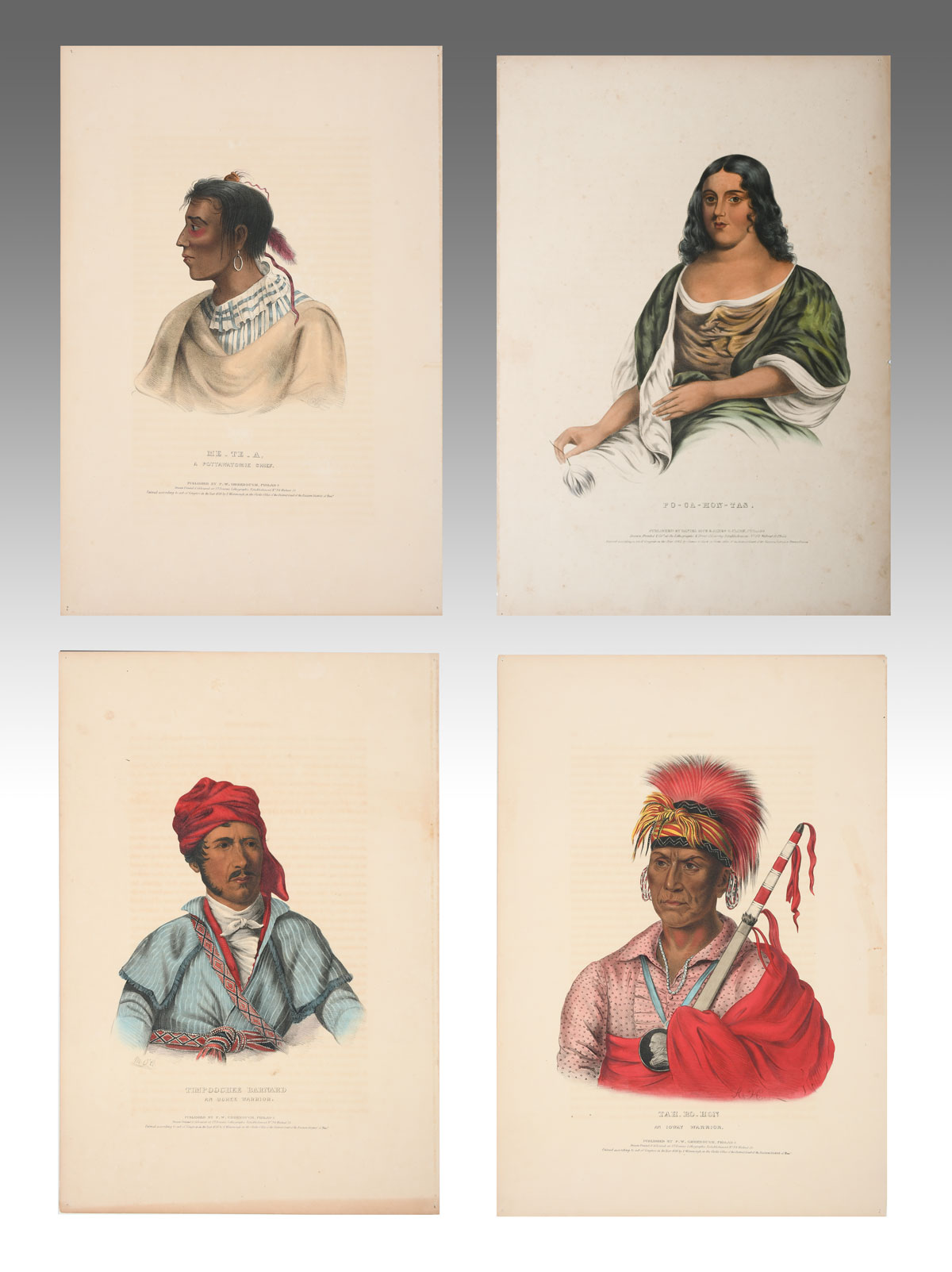 Appraisal: FOUR UNFRAMED MCKENNEY HALL NATIVE AMERICAN PRINTS Tah-Ro-Hon an Ioway