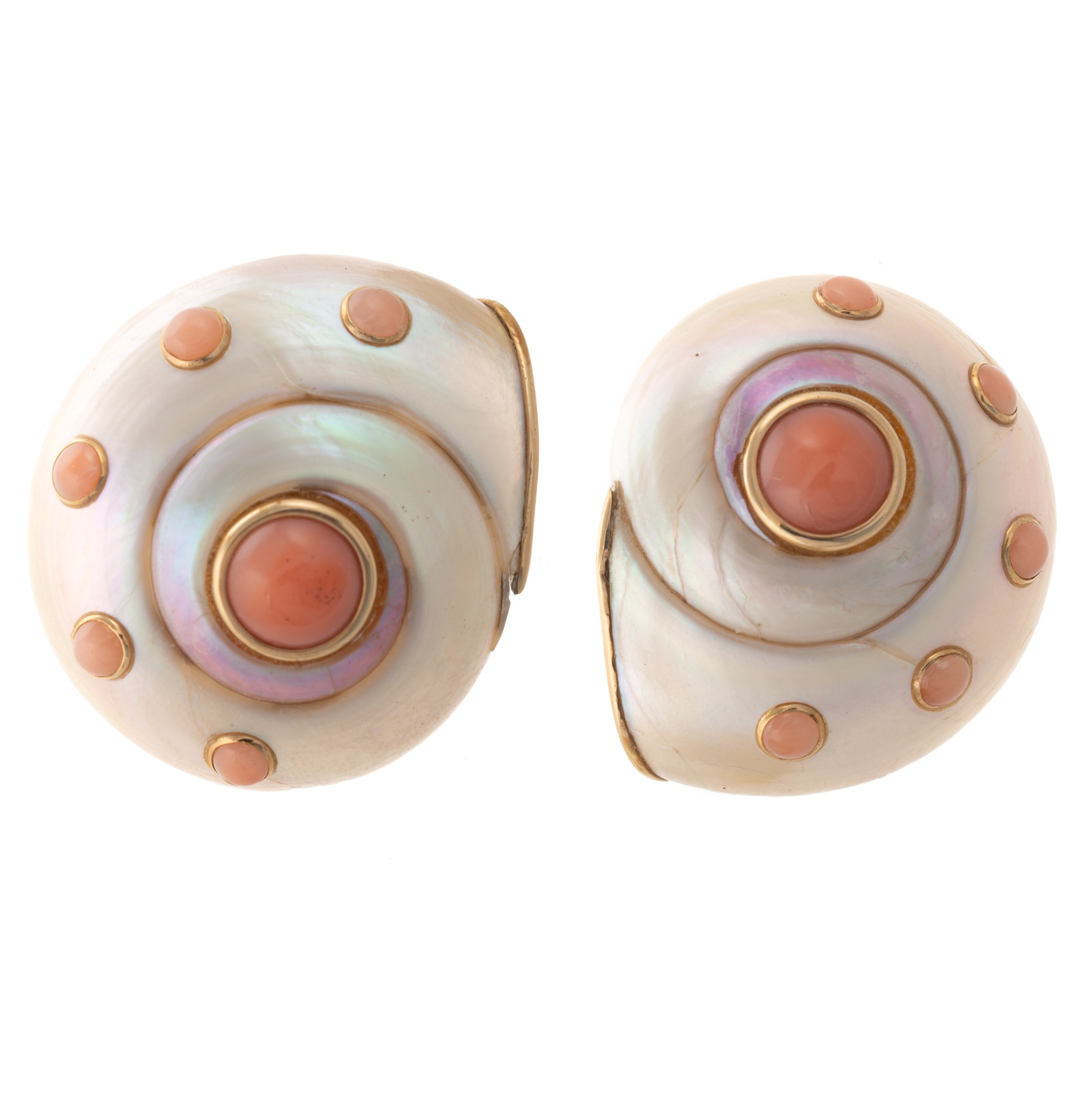 Appraisal: A PAIR OF DESIGNER TRIANON SHELL CORAL EARRINGS K yellow