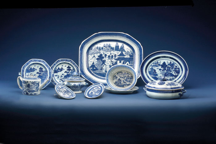 Appraisal: TWO LOBE-FORM CANTON STANDS AND TWO CANTON LEAF DISHES Length