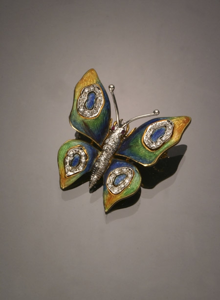 Appraisal: Italian -Karat Yellow-Gold Diamond and Enamel Butterfly Brooch The wings