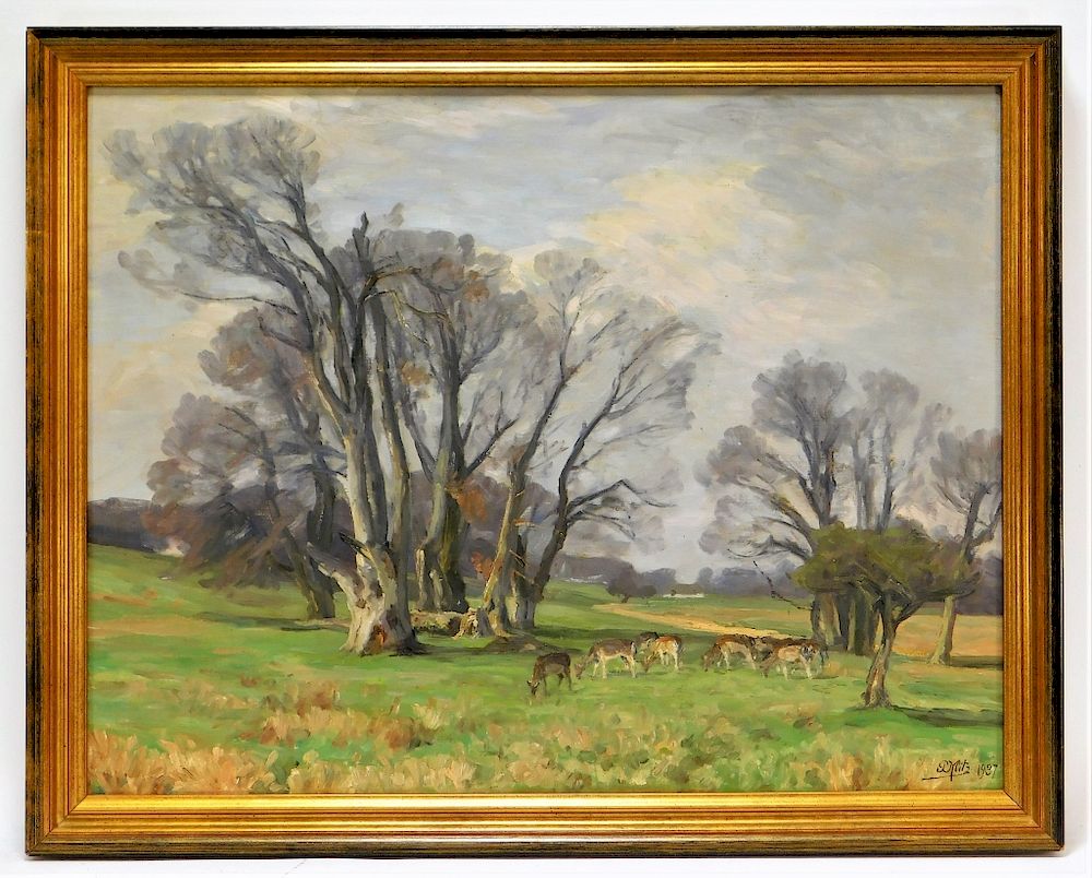 Appraisal: New England Grazing Deer Landscape Painting New England th Century