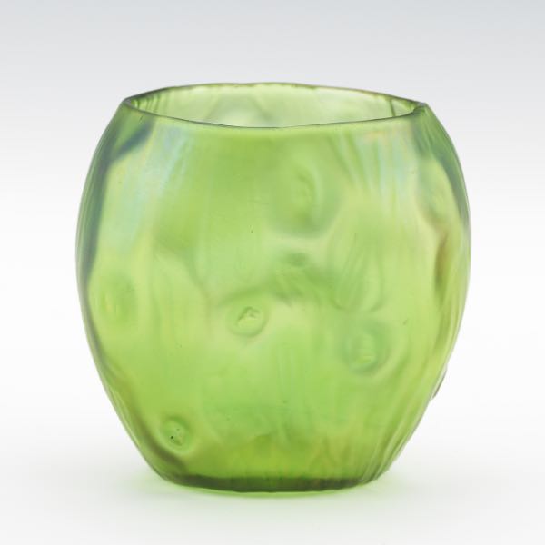 Appraisal: LOETZ IRIDESCENT PERIDOT GLASS DIMPLED CABINET VASE x x Dimpled