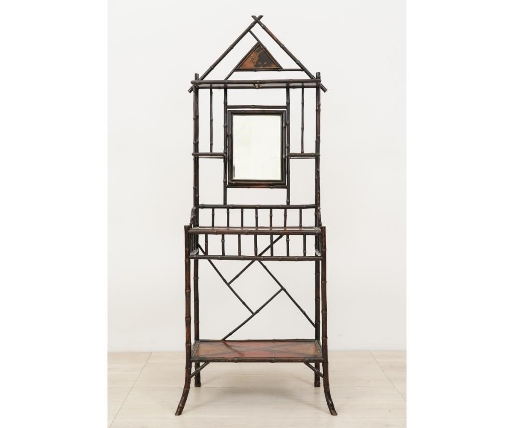 Appraisal: Asian style delicate bamboo etagere with mirrored back and painted