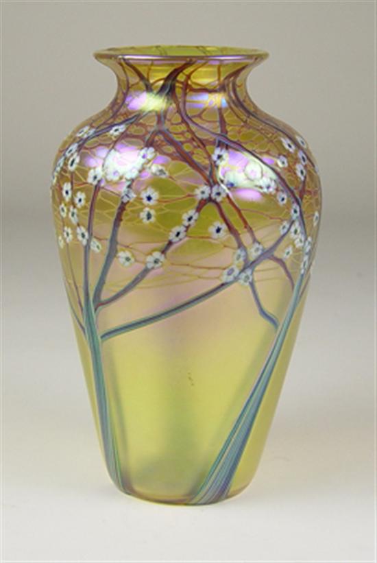 Appraisal: Bohemian Art Glass Vase Amber to pink irridescence with pulled