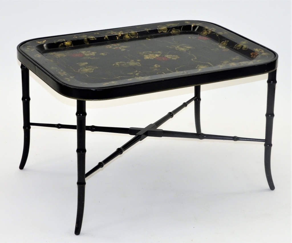 Appraisal: CHINOISERIE TOLEWARE BLACK LACQUERED TRAY TABLE United States th CenturyFloral