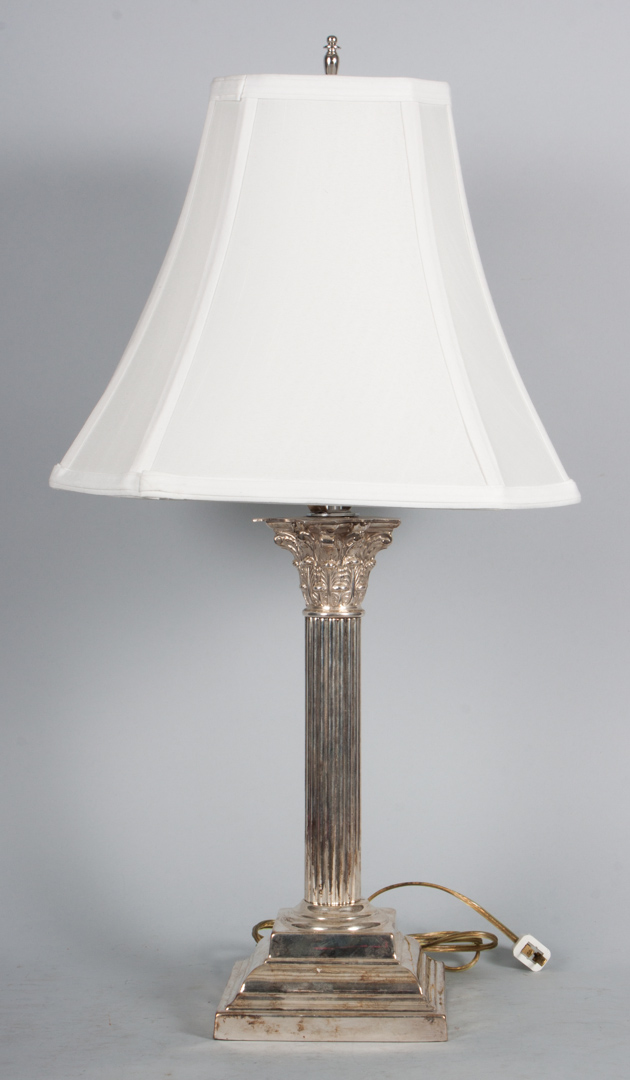 Appraisal: English silver-plated columnar lamp Neoclassical style candlestick with stepped base