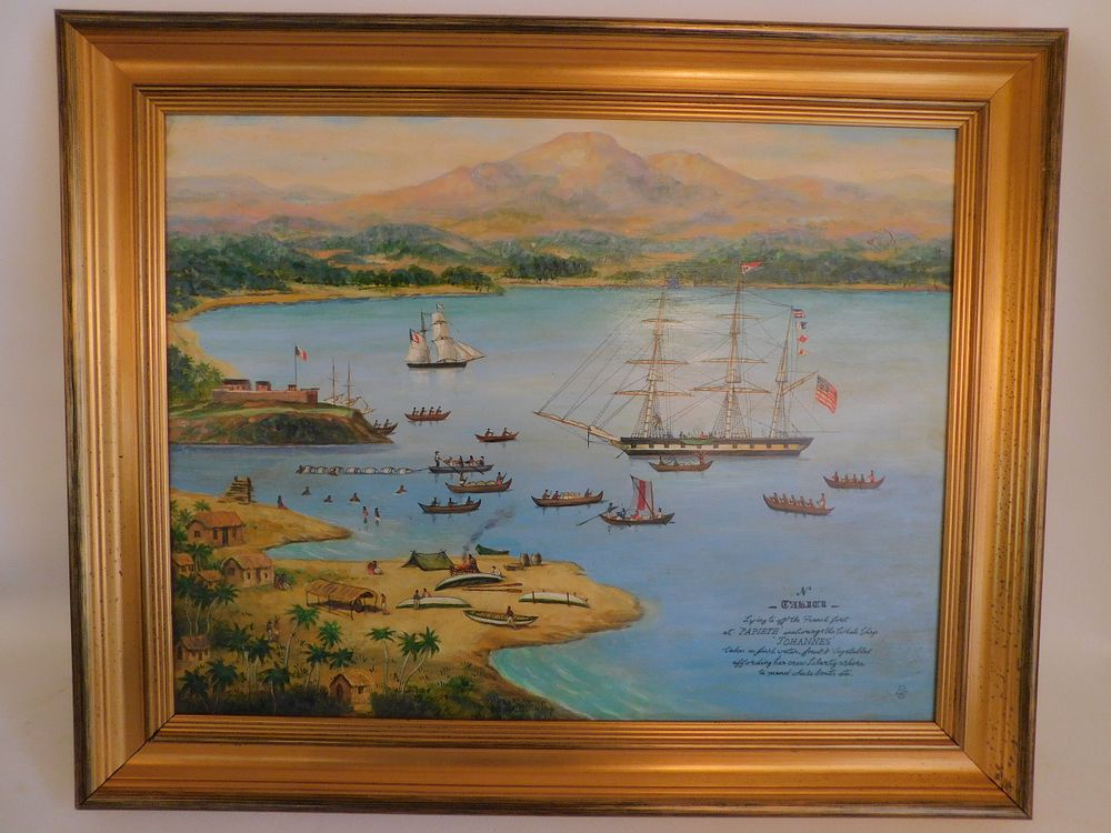 Appraisal: TAHITI WHALING SCENE PAINTING th century oil painting on wood