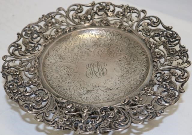 Appraisal: STERLING SILVER FOOTED COMPOTE ORNATEFLORAL DECORATION ENGRAVED SHREVE CRUMP AND