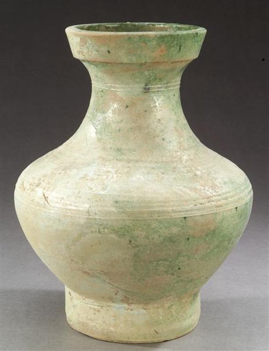 Appraisal: CHINESE IRIDESCENT GREEN GLAZED POTTERY VASE Western Han dynasty B