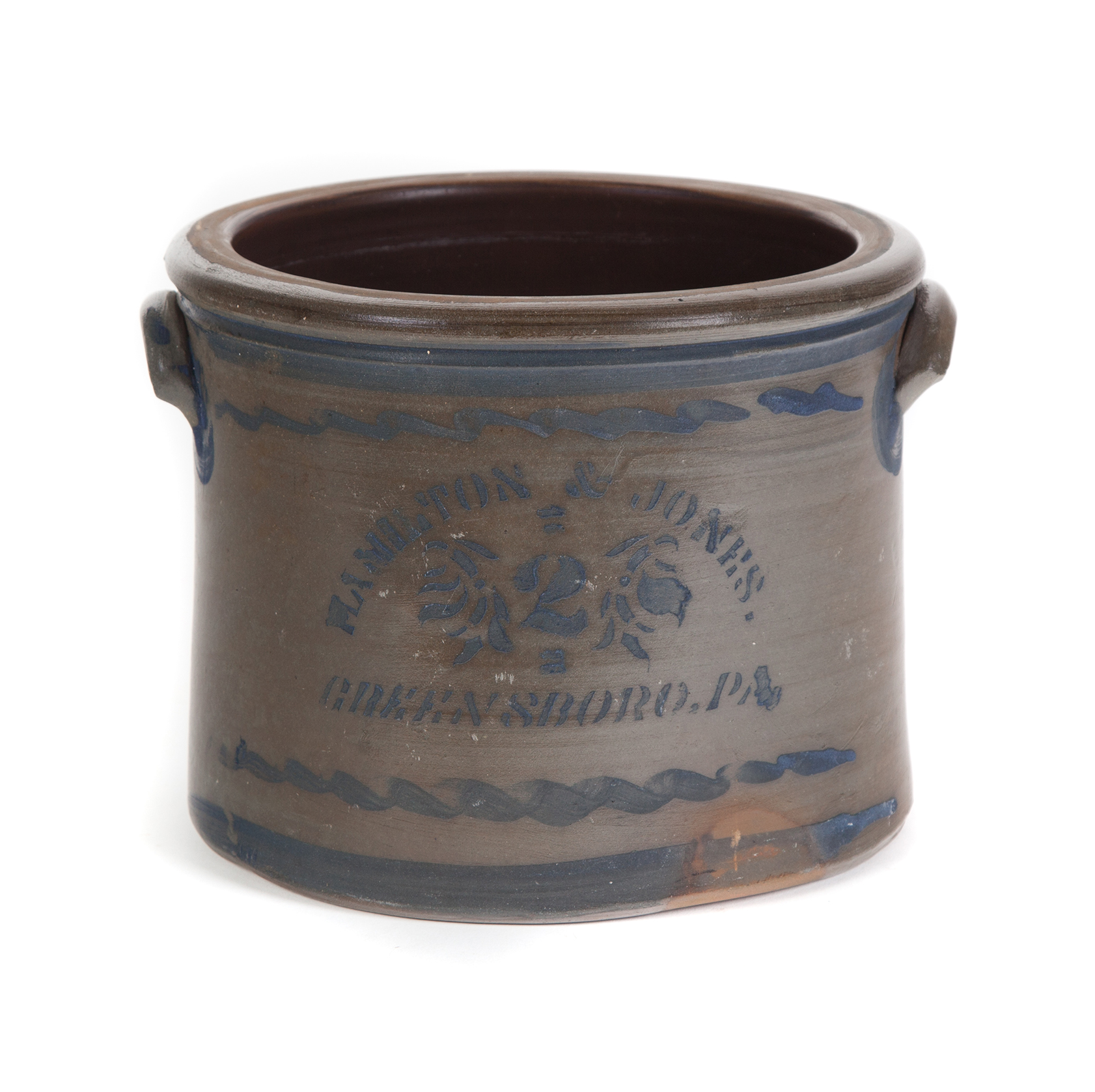 Appraisal: TWO-GALLON PENNSYLVANIA HANDLED BUTTER CROCK WITH COBALT STENCIL American th