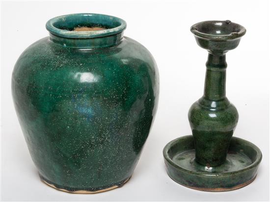 Appraisal: Sale Lot Two Green Glazed Pottery Articles the first a