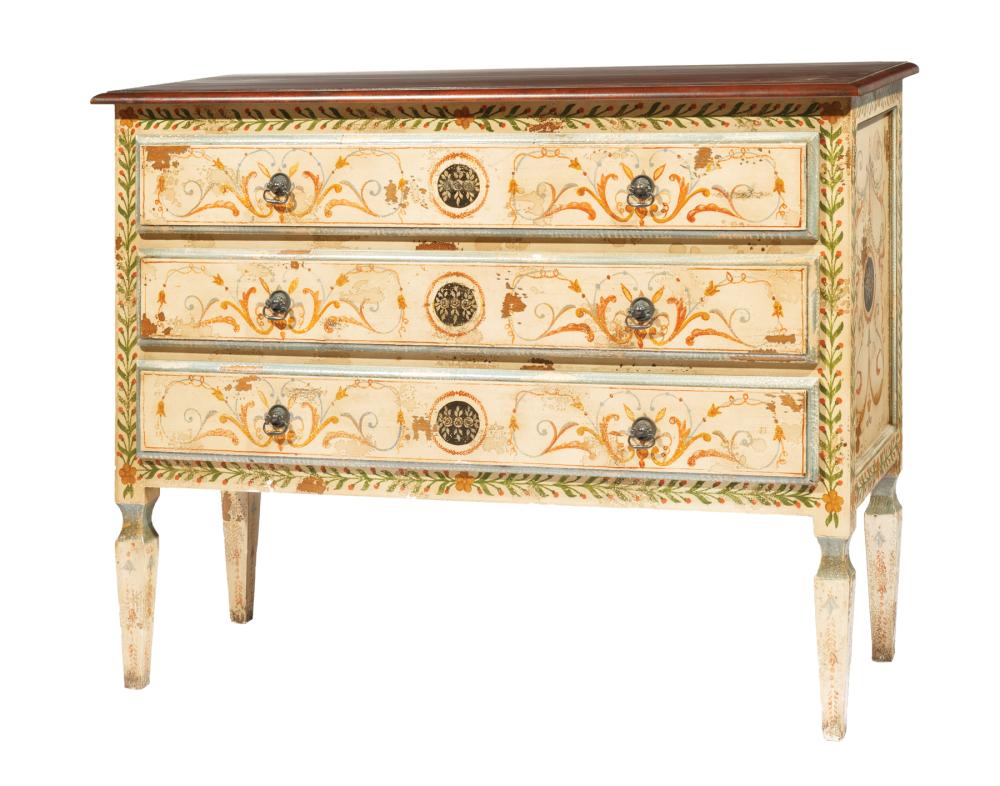 Appraisal: Venetian-Style Painted Commode late th c molded hardwood top over