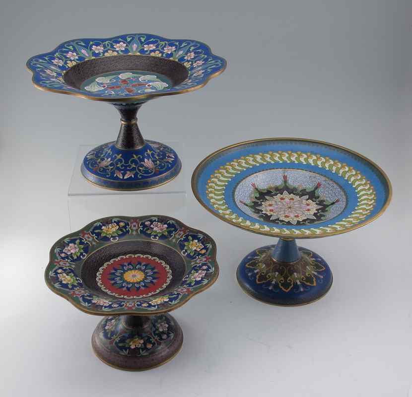 Appraisal: GROUP OF CHINESE CLOISONNE TAZZA Three unique designs with the