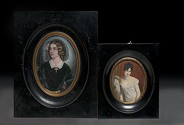 Appraisal: TWO MINIATURE PORTRAITS ON IVORY IN FRAMES Continental th century