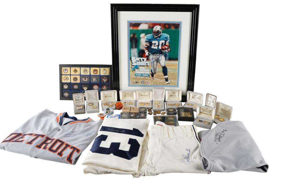 Appraisal: COLLECTION OF SPORTS MEMORABILIAcomprising Barry Sanders photo plaque set of