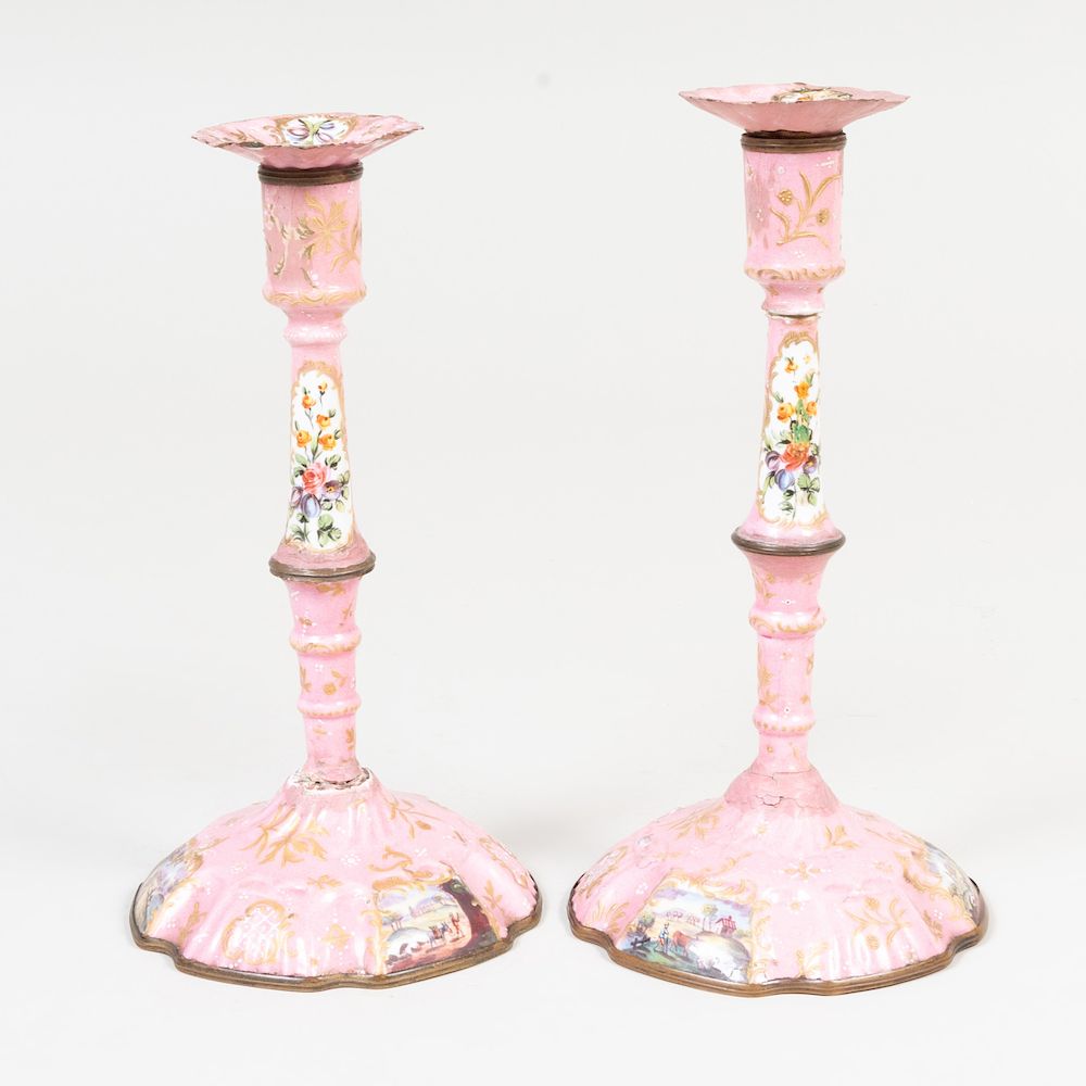 Appraisal: Pair of Staffordshire Enamel Candlesticks Decorated with vignettes of landscapes