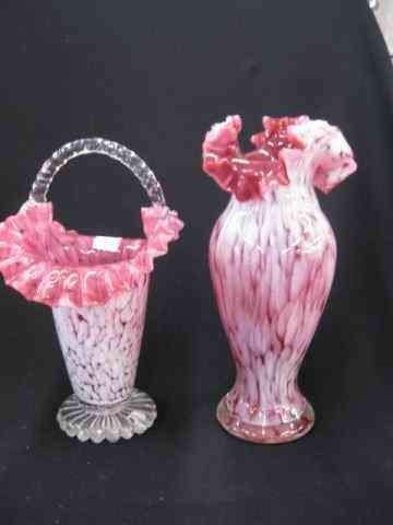 Appraisal: pcs Cranberry Opalescent Art Glass '' vase with basket handle