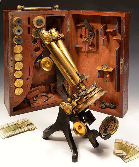 Appraisal: A BRASS MICROSCOPE by Henry Crouch London No in mahogany