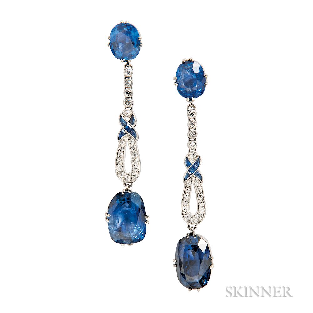 Appraisal: Sapphire Earrings of Art Deco Elements Sapphire Earrings of Art