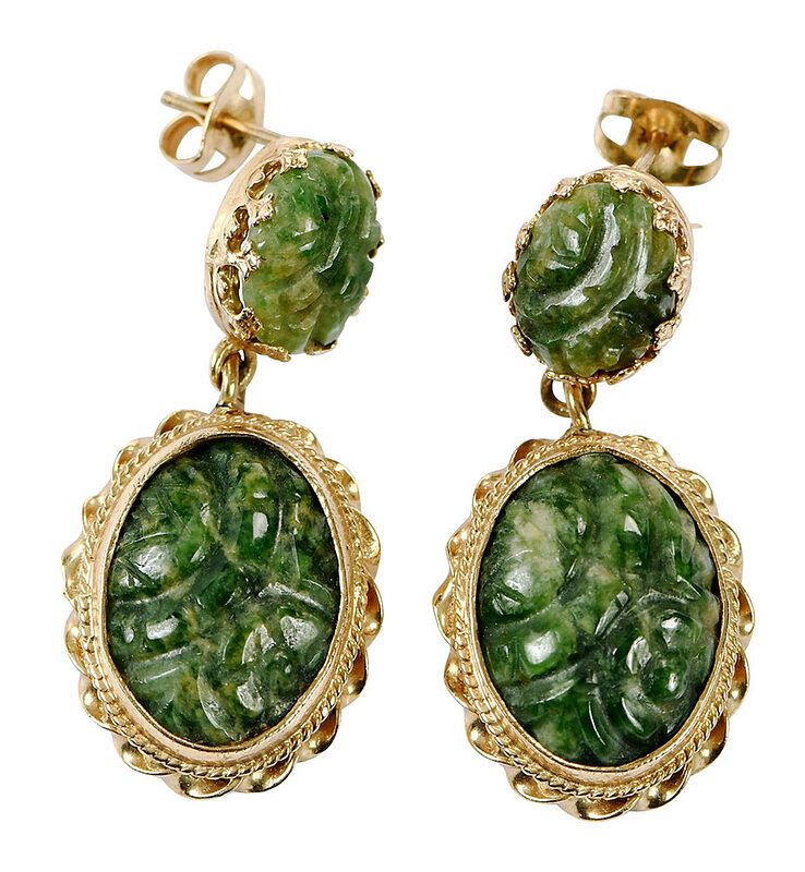 Appraisal: kt Gemstone Earrings each with two carved green hardstones approx