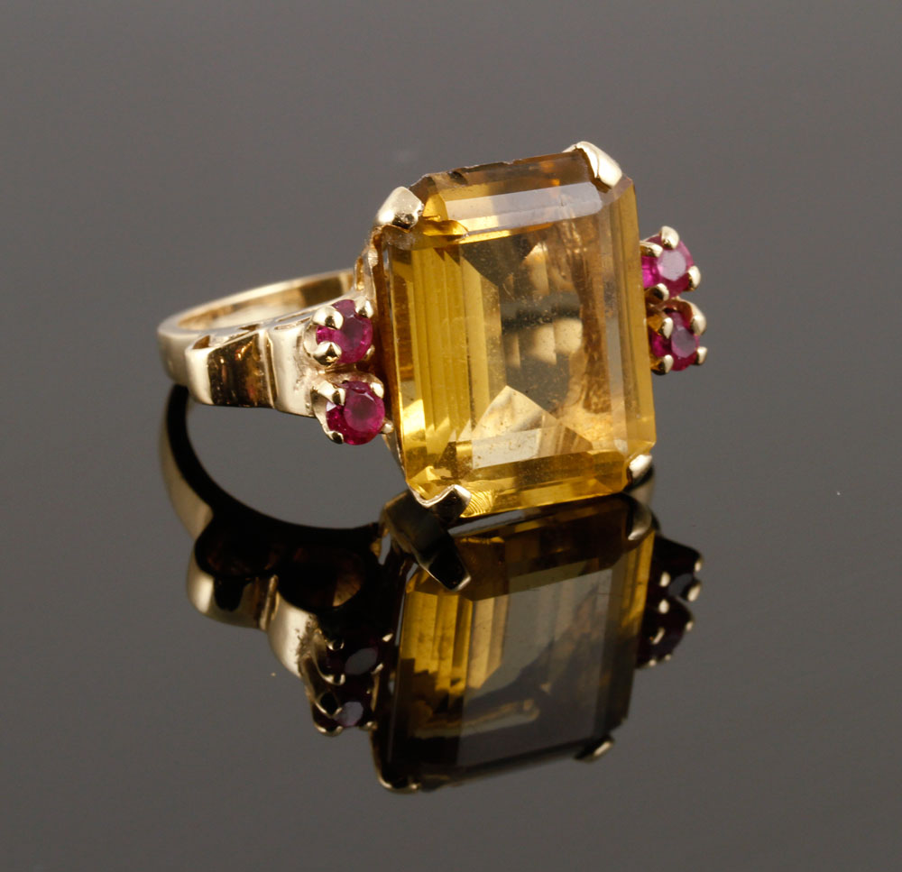 Appraisal: - Ladies' Gold Ring with Yellow Stone and Four Rubies