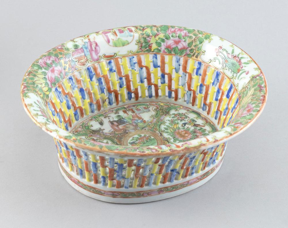 Appraisal: CHINESE EXPORT ROSE MEDALLION PORCELAIN CHESTNUT BASKET CIRCA HEIGHT LENGTH