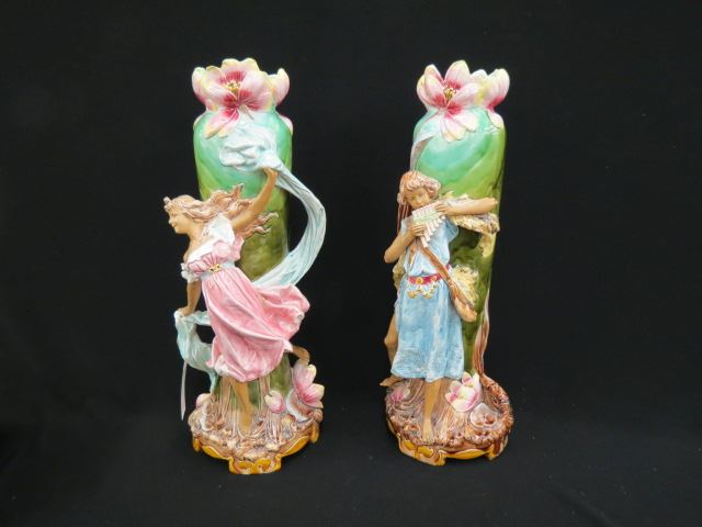 Appraisal: Pair of Majolica Pottery Figural Vases Art Nouveau girl with