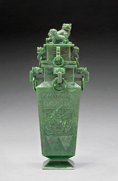 Appraisal: A 'spinach' jade covered vase Of square section and baluster