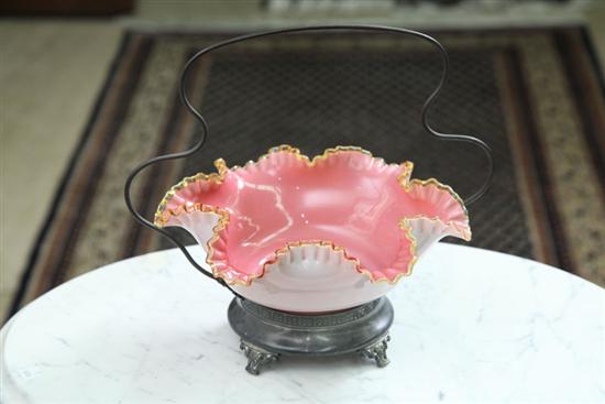 Appraisal: VICTORIAN ART GLASS BRIDES BOWL Cased in pink with ruffled