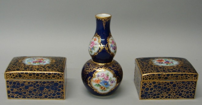 Appraisal: Lot of three Meissen pieces Two cobalt blue boxes with