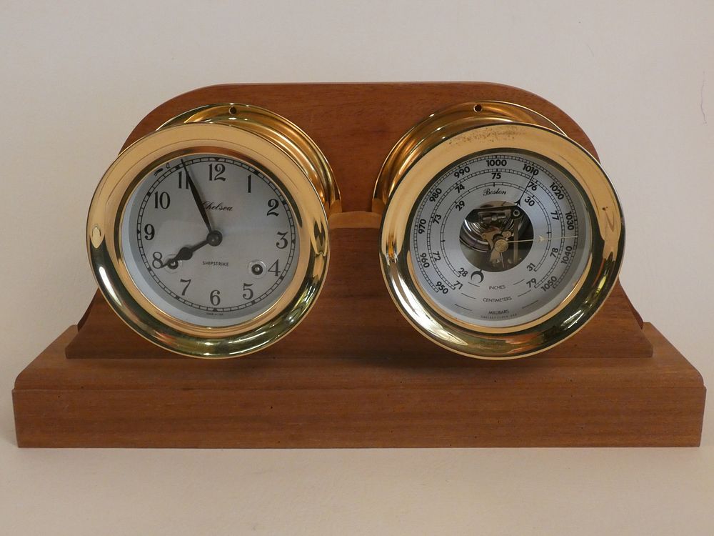 Appraisal: CHELSEA SHIP'S CLOCK BAROMETER Vintage solid mahogany Chelsea Shipstrike clock