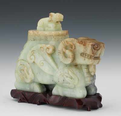 Appraisal: Carved Jade Ram Vessel with Small Ram on Lid Archic