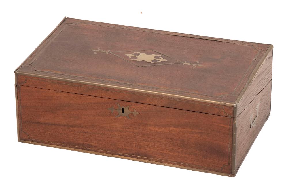 Appraisal: GEORGIAN BRASS-BANDED AND INLAID MAHOGANY WRITING BOX CIRCA HEIGHT WIDTH