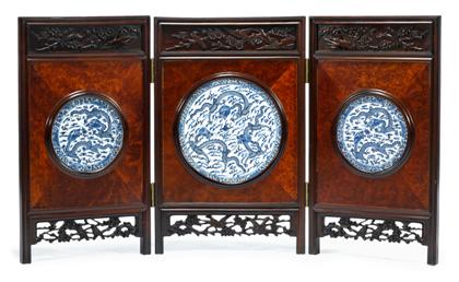 Appraisal: Chinese hardwood burl and porcelain insert table screenporcelain Qing dynasty