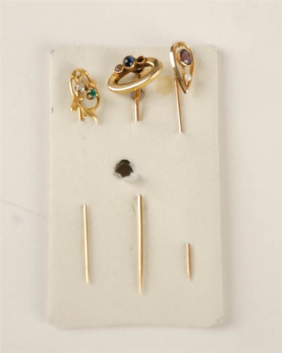 Appraisal: Three Gold and Stone Stickpins one K marked set with