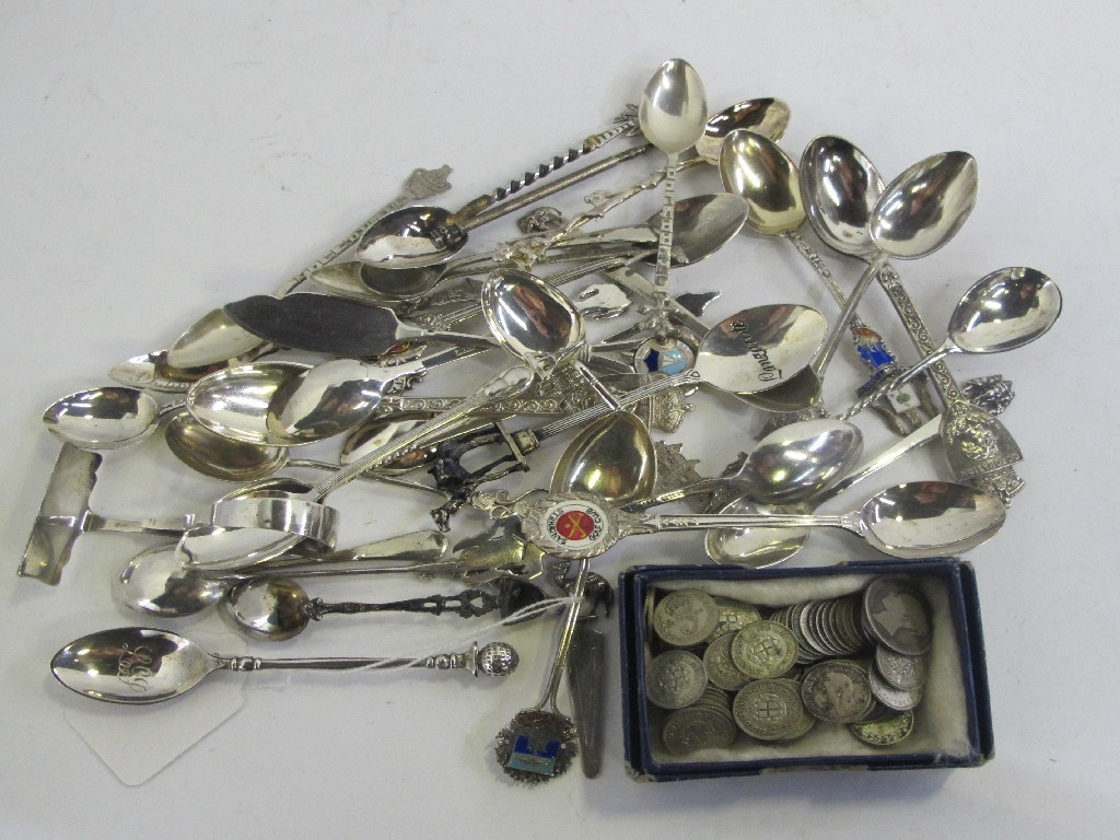 Appraisal: Box of souvenir spoons and silver threepennies