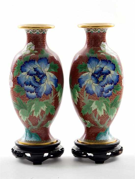 Appraisal: Pair Chinese cloisonne vases circa peony and bird design on