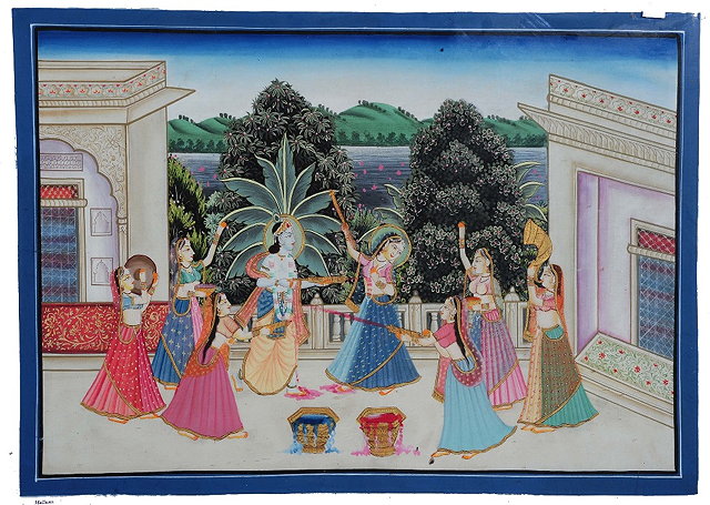 Appraisal: A large Indian gouache paintingdepicting Kishna Radha and attendants celebrating