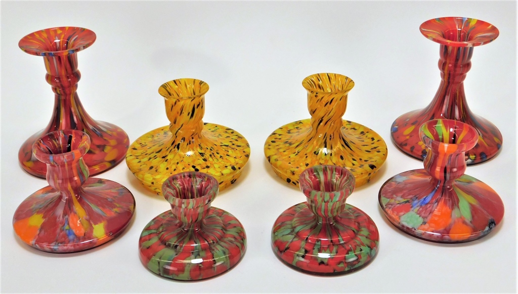 Appraisal: PR SPLATTERED BOHEMIAN ART GLASS CANDLESTICKS Bohemia Early th CenturyIncludes