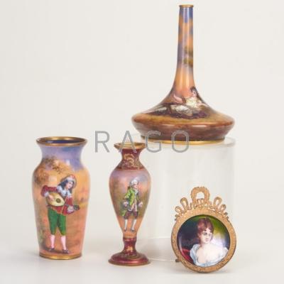 Appraisal: FRENCH ENAMEL Four enamel-on-copper pieces three vases with figures and