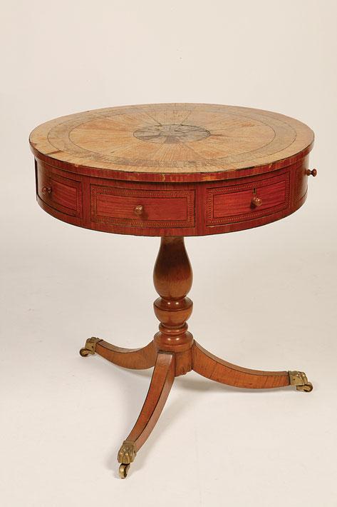 Appraisal: A GEORGE III STYLE SATINWOOD AND MARQUETRY DRUM TABLE the