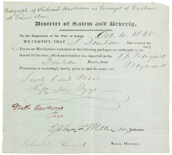 Appraisal: HAWTHORNE NATHANIEL Document Signed Nath Hawthorne Surv partially printed and