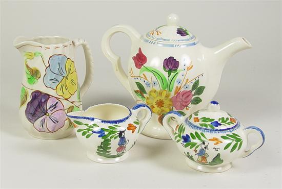 Appraisal: Four Pieces of Blue Ridge Pottery Floral design unmarked teapot