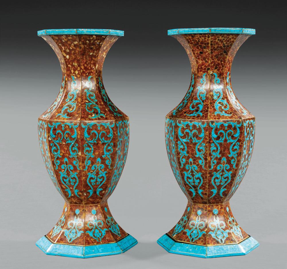 Appraisal: Pair of Turquoise Inlaid and Veneered Baluster Vases faceted octagonal