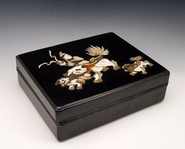 Appraisal: CHINESE LACQUER BOX Applied mother of pearl immortal '' x